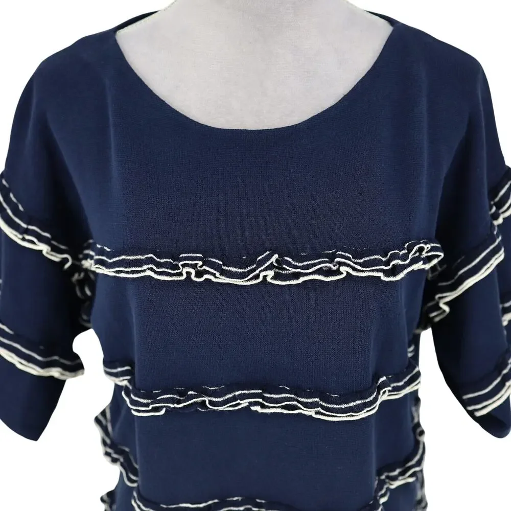 J Crew Sweater Womens Medium Navy Blue White Ruffle Top Cotton Knit Whimsy